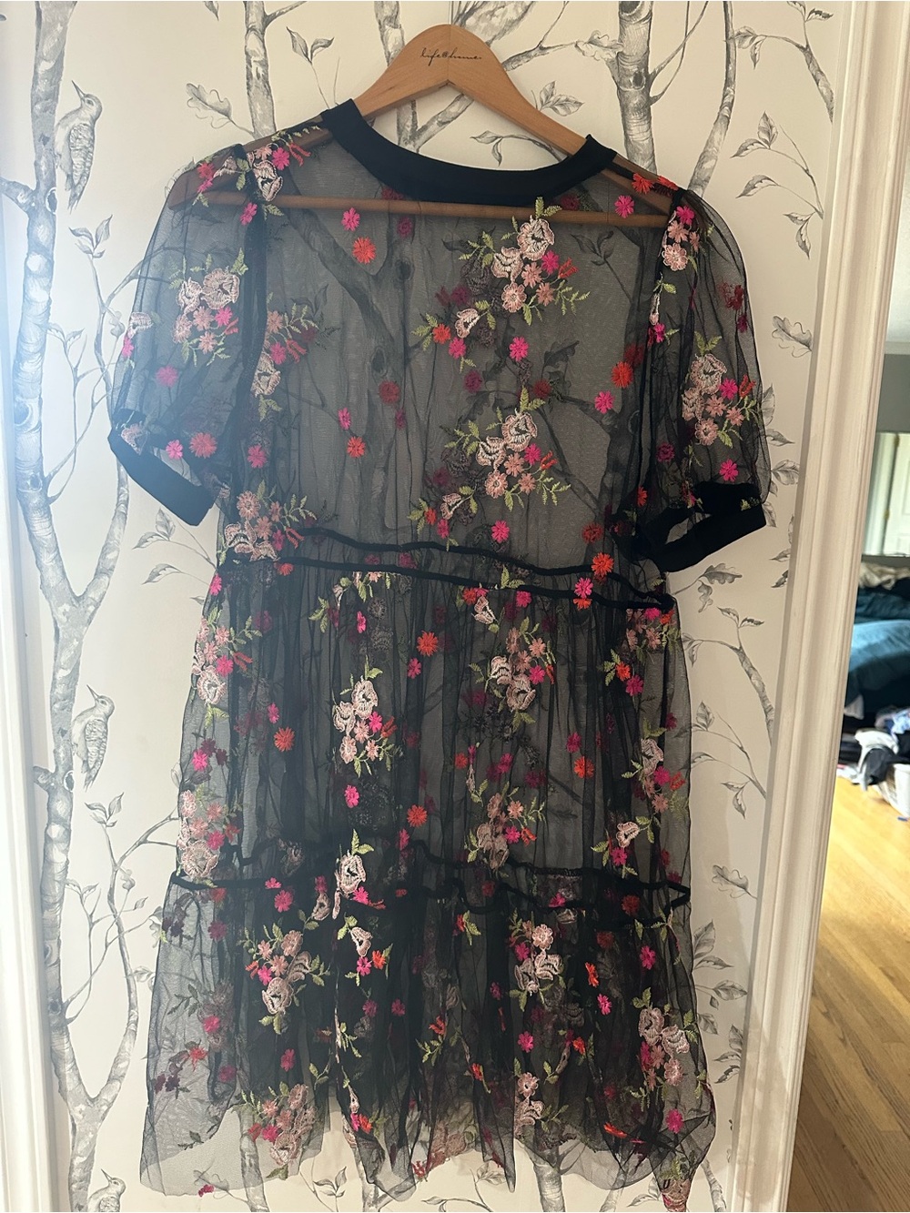 SHEIN Black Floral Embroidered Mesh Tulle Dress